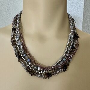 VTG Multi Four Strand Necklace 20 Inch  Pearls Smoky Quartz Metal Acrylic Beads